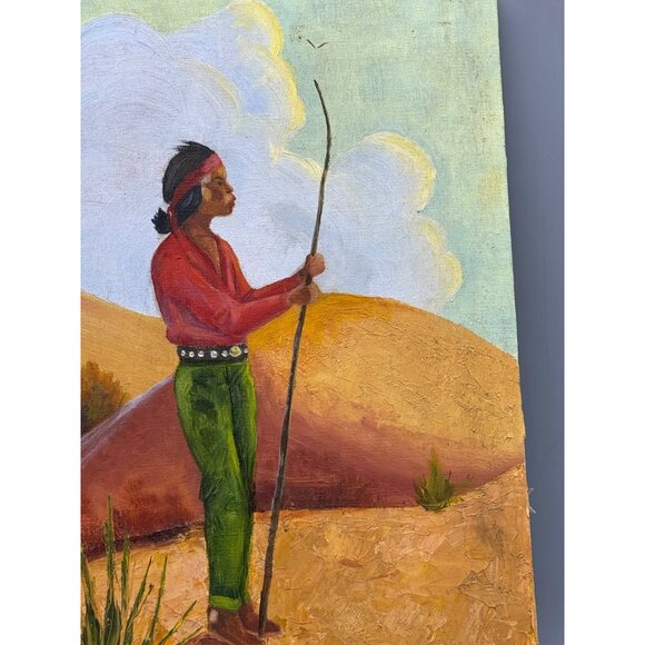 Vintage 1981 Cee Cee Oil Painting Of Native American Man Desert Landscape READ - Picture 4 of 8